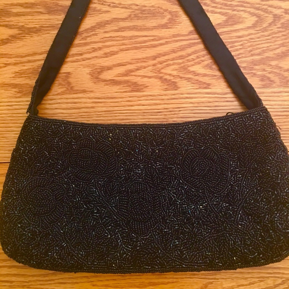 La Regale  Vintage Black Floral Beaded Evening Bag